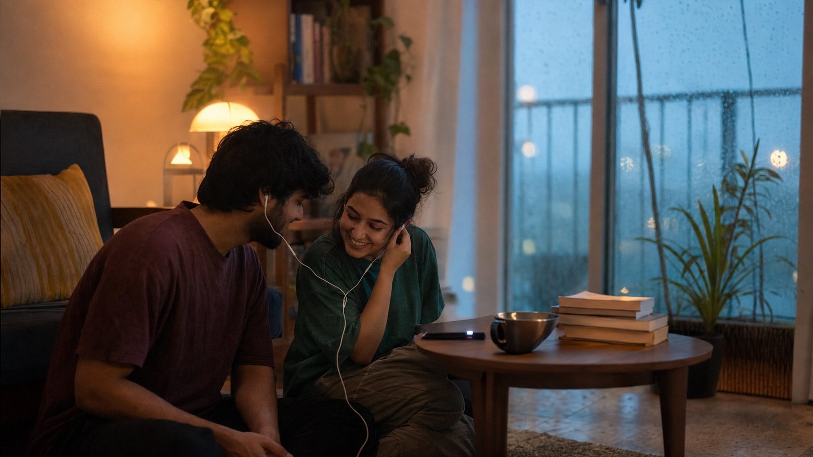 Two friends sharing headphones in a warm apartment while rain falls outside