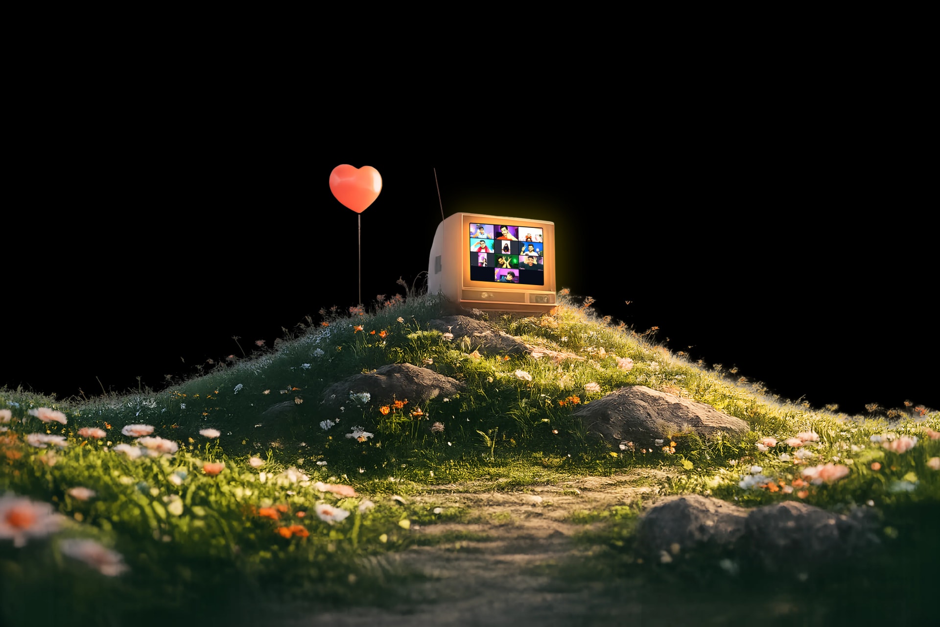 A retro television on a flower-covered hill